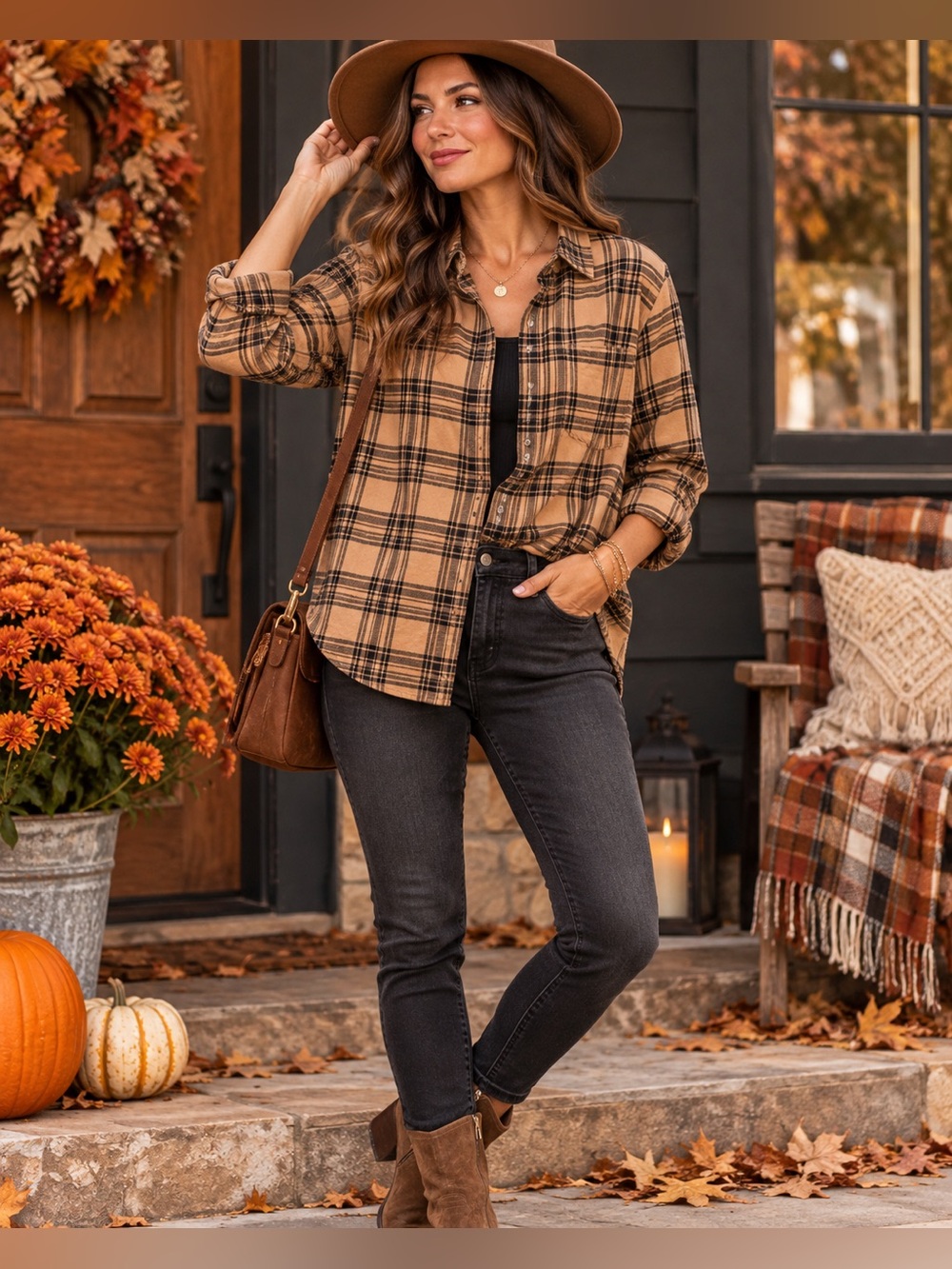 Crew XL Camel Black Plaid Flannel Shirt 100% Cotton Fall Western Boho